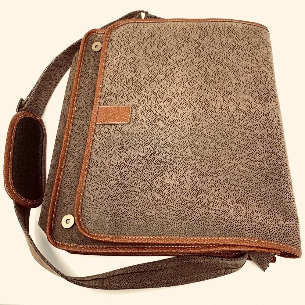 Grey Brown Pebbled Messenger Bag Professional Laptop Satchel Adjustable Strap